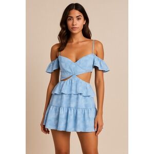 STUDIO 38 LA Sky Blue Floral‎ Print Mini Dress Off Shoulder Ruffle Cutout Party